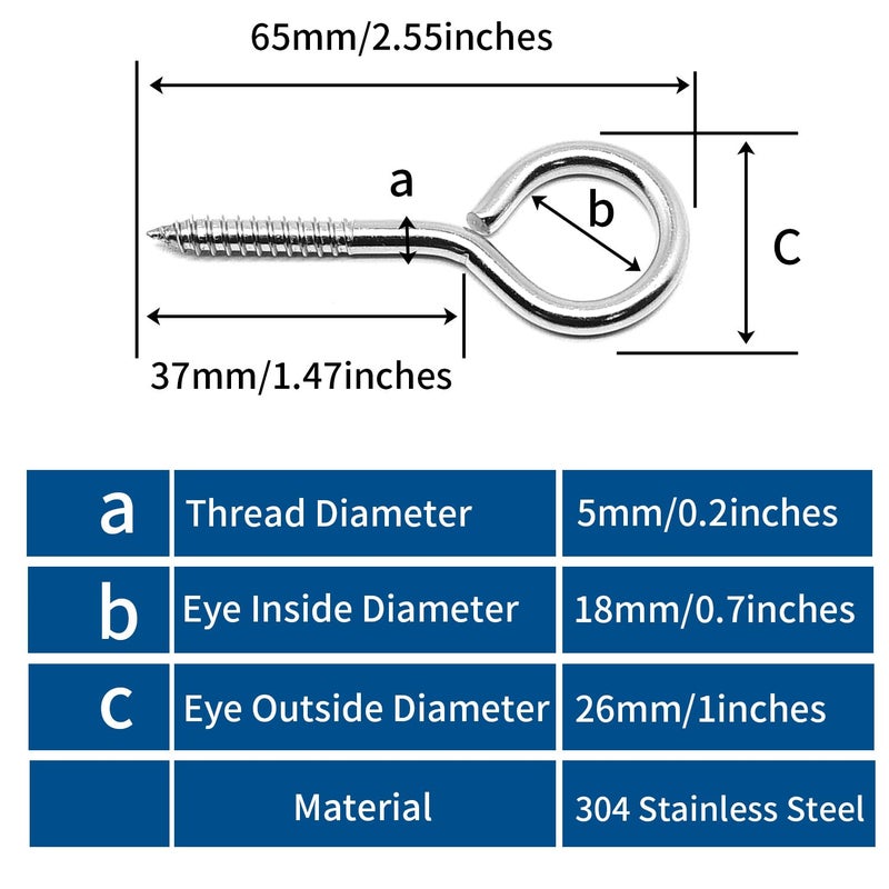 Surf turtle M5 6 Pcs 304 Stainless Steel Screw Eye Hooks,2-1/2 Inches Eyes Screw Hooks,Heavy Duty Screw,Rust-Resistant Self Tapping Eyelet Bolts,Load Bearing 200LB - Image 2